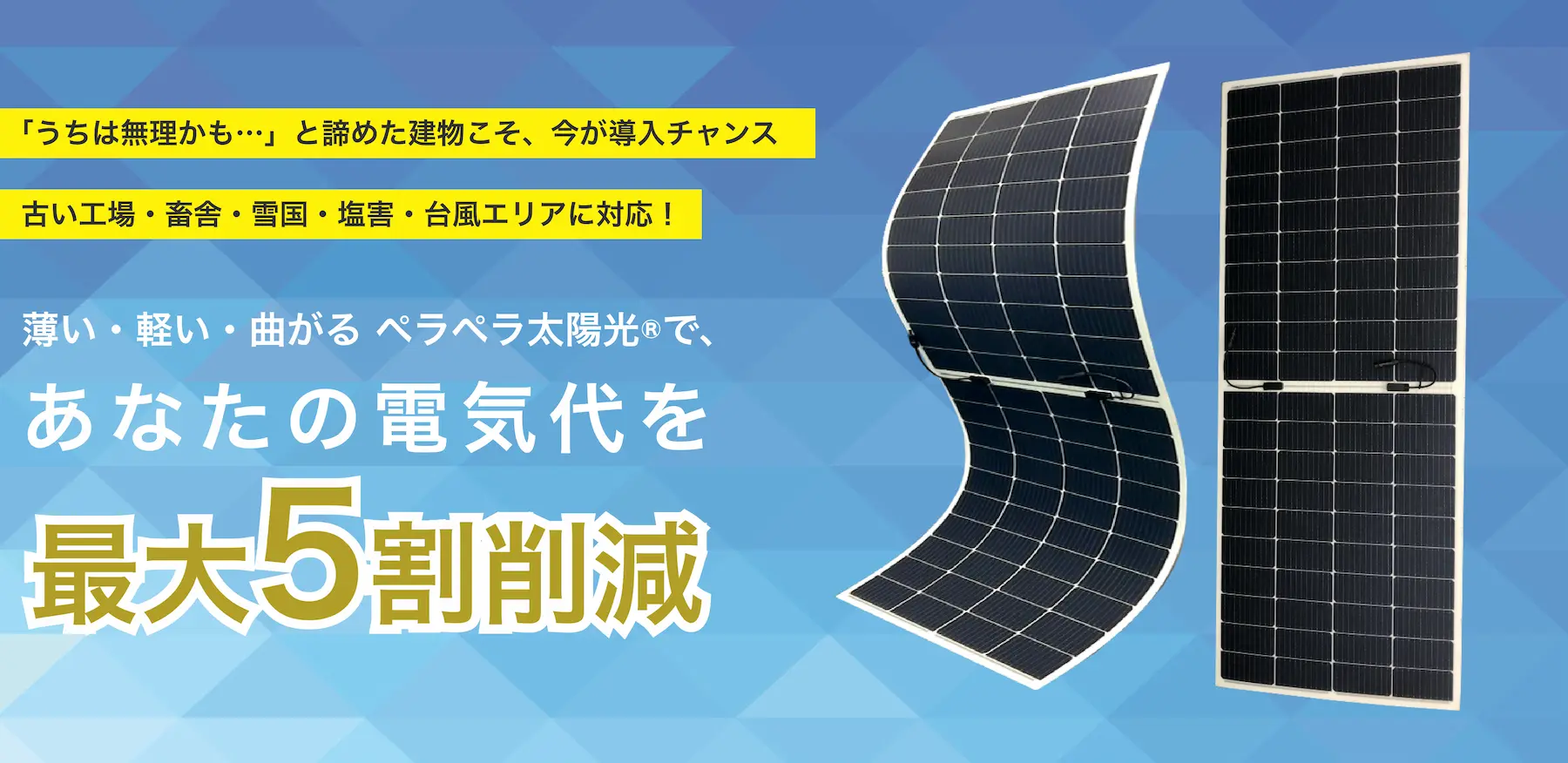 薄い・軽い・曲がる　ペラペラ太陽光であなたの電気代を最大5割削減